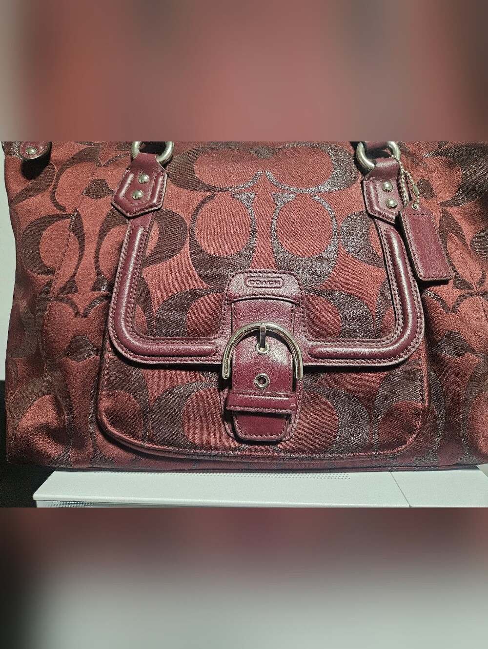 13' Coach Campbell Signature Metallic Belle Carryall in maroon sateen canvas. - Picture 8 of 10